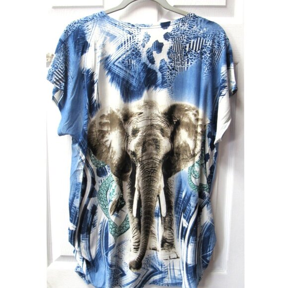 Women's Blue Elephant Print Short Sleeve Stretchy Graphic Shirt Sparkle Top - Picture 3 of 3